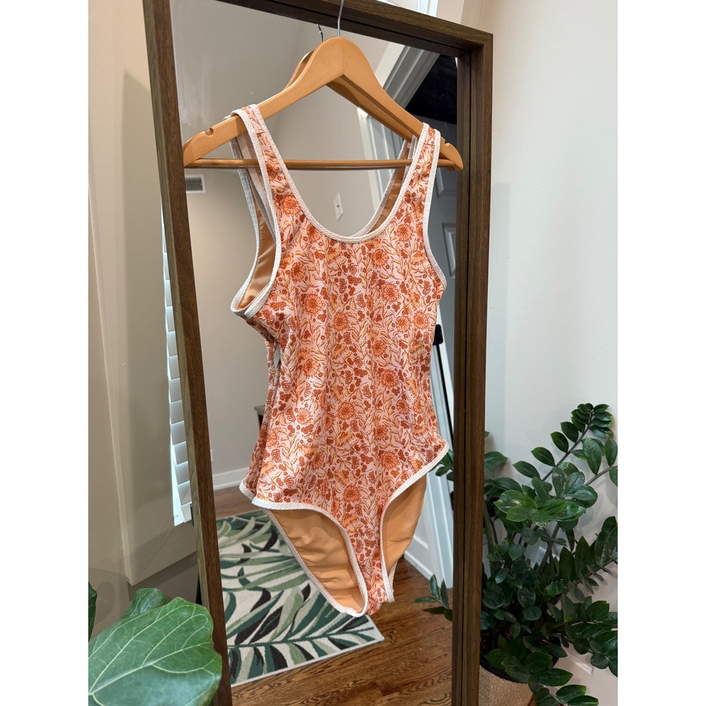 Floral Print Orange One-Piece Swimsuit with White Trim